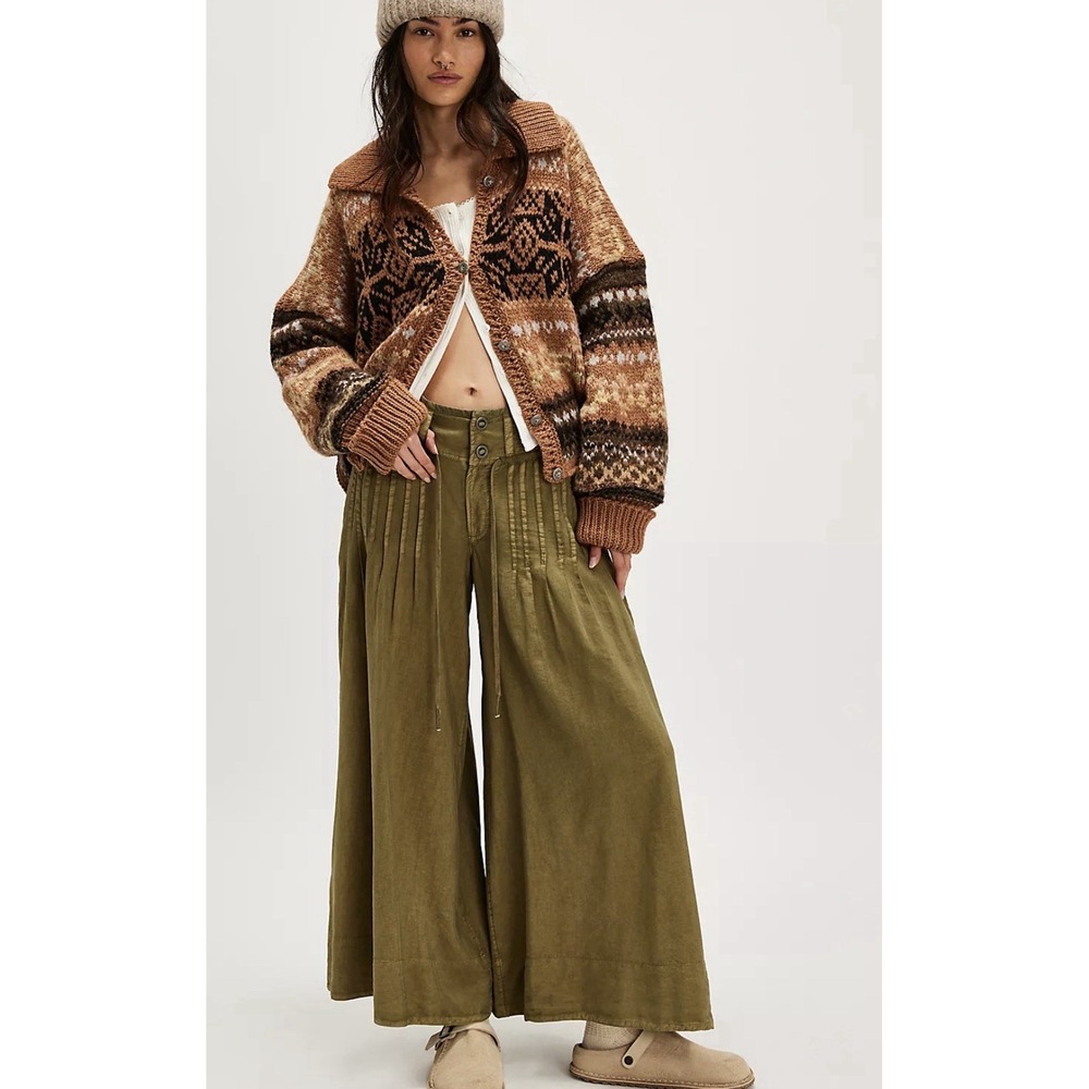 FREE PEOPLE Fauna Culottes Wide Leg Pants Gaucho Green Boho Sz 0 XS NEW Pintuck